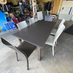 Ital Studio Stainless Steel Tempered Glass Expanding Leaf Dining Table + 6 Italian Leather Chairs