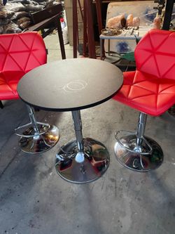 MODERN BAR TABLE + 2 RED CHAIRS — $125 OBO