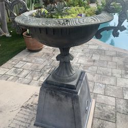 Antique French Cast Iron Garden Urn With Scrolled Arms