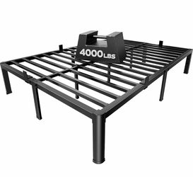 Praisun 4000LBS Queen Bed Frame with Charging Station, 14 inch Bed Frame Queen Size with Heavy Duty Support, Bedframe with Mattress Baffle, No Box Spr