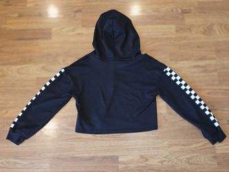 Black Cropped Hoodie with Checkerboard Sleeves