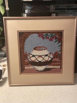 Vintage Framed Needlepoint Pottery Picture