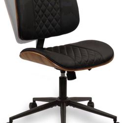 Armless Home Office Chair, Desk Chair with Wheels, Adjustable Height Reading Chair, Leather Mid Back & Swivel Computer Chair, Modern Walnut Chair with
