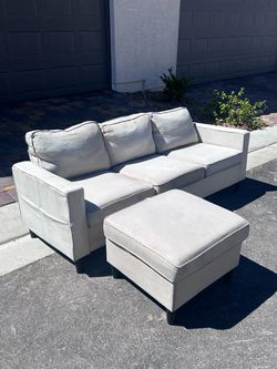 78.5Wx27D”* 3-seater Light Gray Sofa w/ STORAGE Ottoman & Side Pockets! Delivery Available