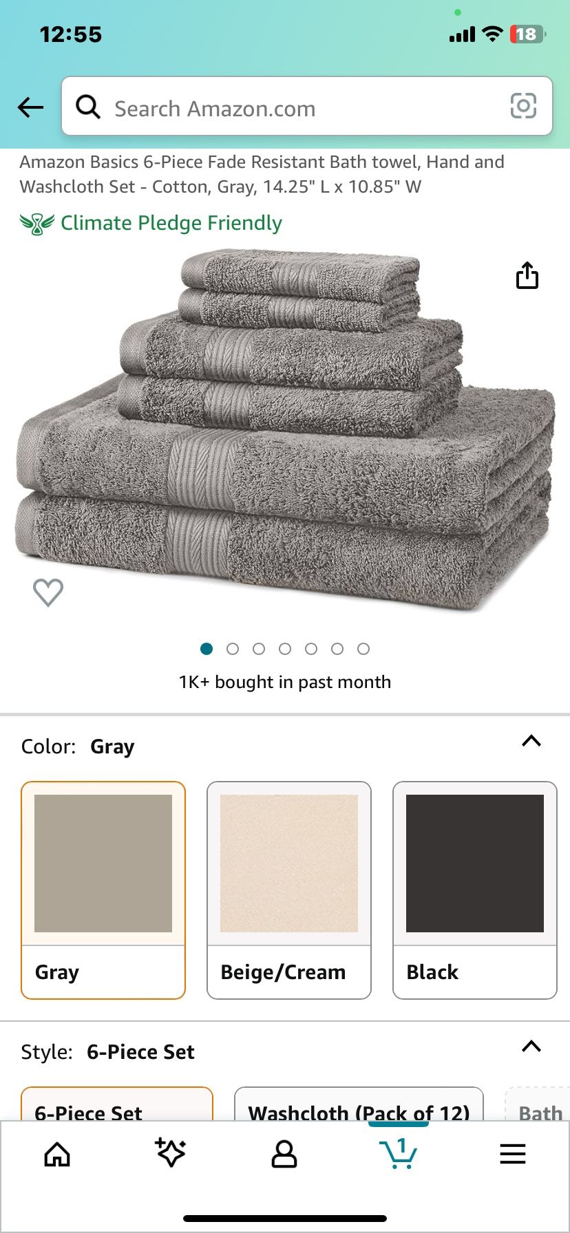Amazon Basics 6-Piece Fade Resistant Bath towel, Hand and Washcloth Set - Cotton, Gray, 14.25" L x 10.85" W