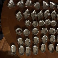 silver plated  CHOCOLATE CANDY TART MOLDS DIAMOND, OBLONGs,, triangle , hearts ,  circle’s total of 40 ~ all stamped