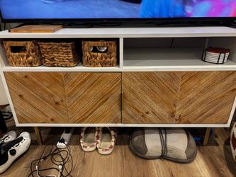 White and Wood TV Stand with Cabinet Storage
