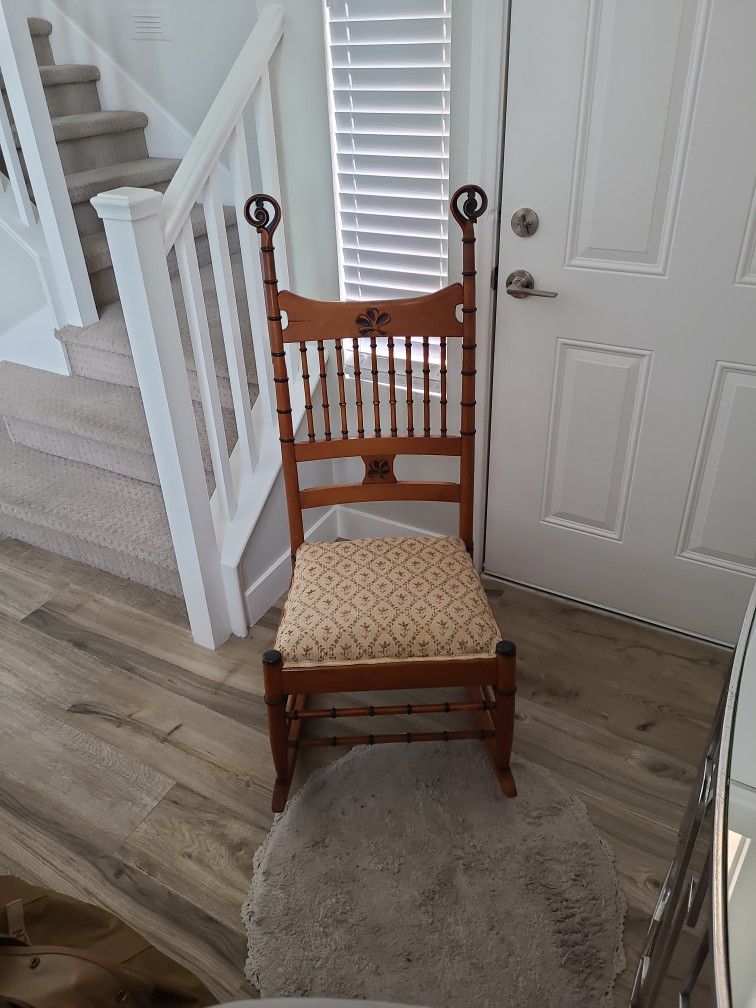 High Back Wood Antique Rocker With Early Century Spring Seat