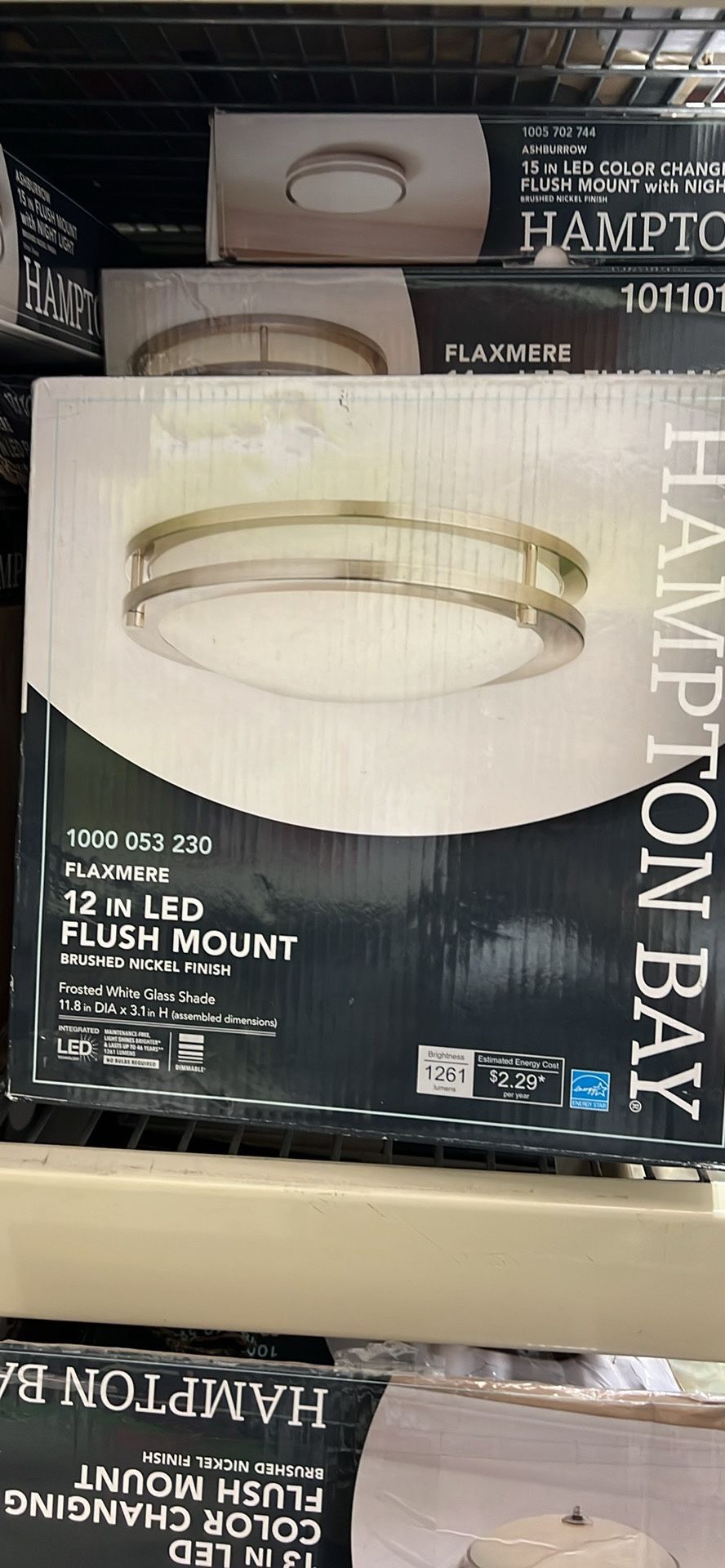 Flaxmere 12 in. Contemporary Low-Profile Brushed Nickel Dimmable Integrated LED Flush Mount for Kitchens 2.0k