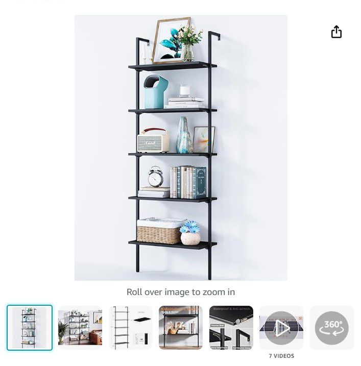 5-Tier Ladder Shelf, 74 Inches Wall Mounted Ladder Bookshelf With Metal Frame, 
