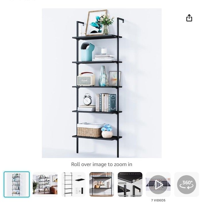 5-Tier Ladder Shelf, 74 Inches Wall Mounted Ladder Bookshelf With Metal Frame,
