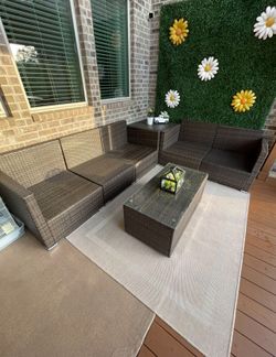 8 Pieces Patio Furniture Set Outdoor Conversation Set, PE Rattan Wicker Sectional Sofa Couch Set with Cushions and Dining Table Chair with Ottoman for