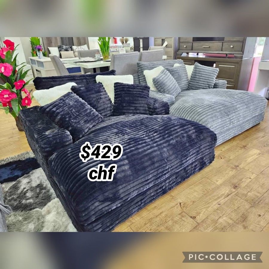 Black jumbo corduroy 2 arm chaise sofa 