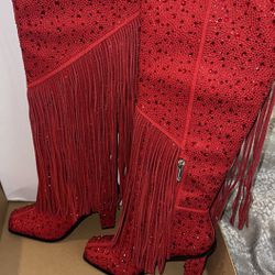 Jessica Simpson Red Fringe Embellished Rhinestone Knee High Boots Heel 7 Christmas Western Birthday Gift New Mall Dillards Macys Women 