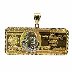 Men’s 10k Two Toned White and Yellow Gold Large 1.5” Inch by 2.5” Inch Hundred Dollar Bill Pendant for Necklace GP3128603