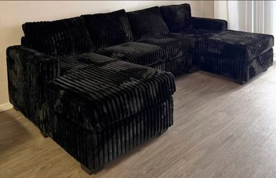 Brand New Black Fur Like Corduroy Sectional Sofa U Shape Couch (New In Box)