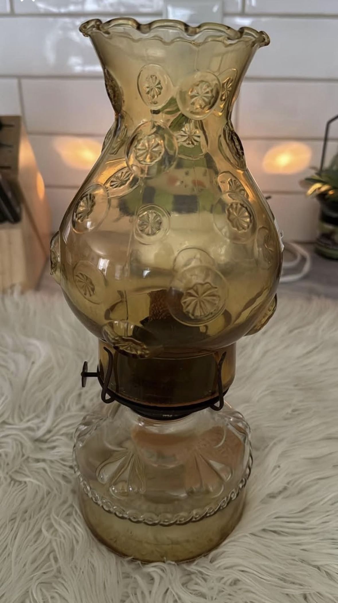 Vintage Antique Eagle Glass Oil lamp with Amber Globe