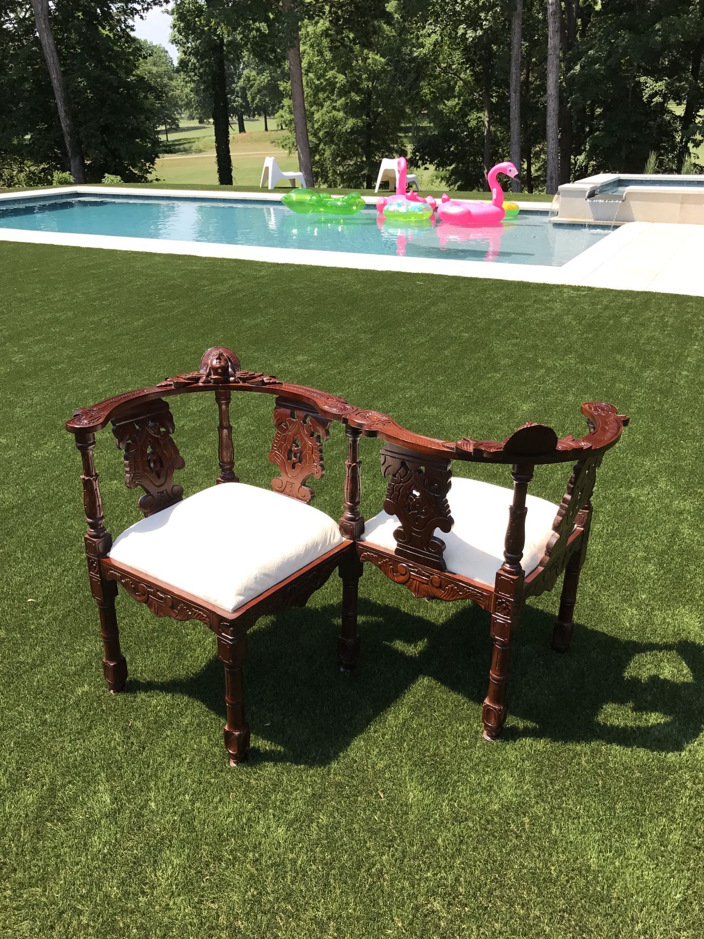 Antique Victorian Era Hand Carved Wooden tête-à-tête Courting Bench Seat