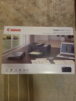 New Canon PIXMA TR4720 is a black wireless all-in-one printer. It has print, copy, scan, and fax capabilities with an integrated auto document feeder.