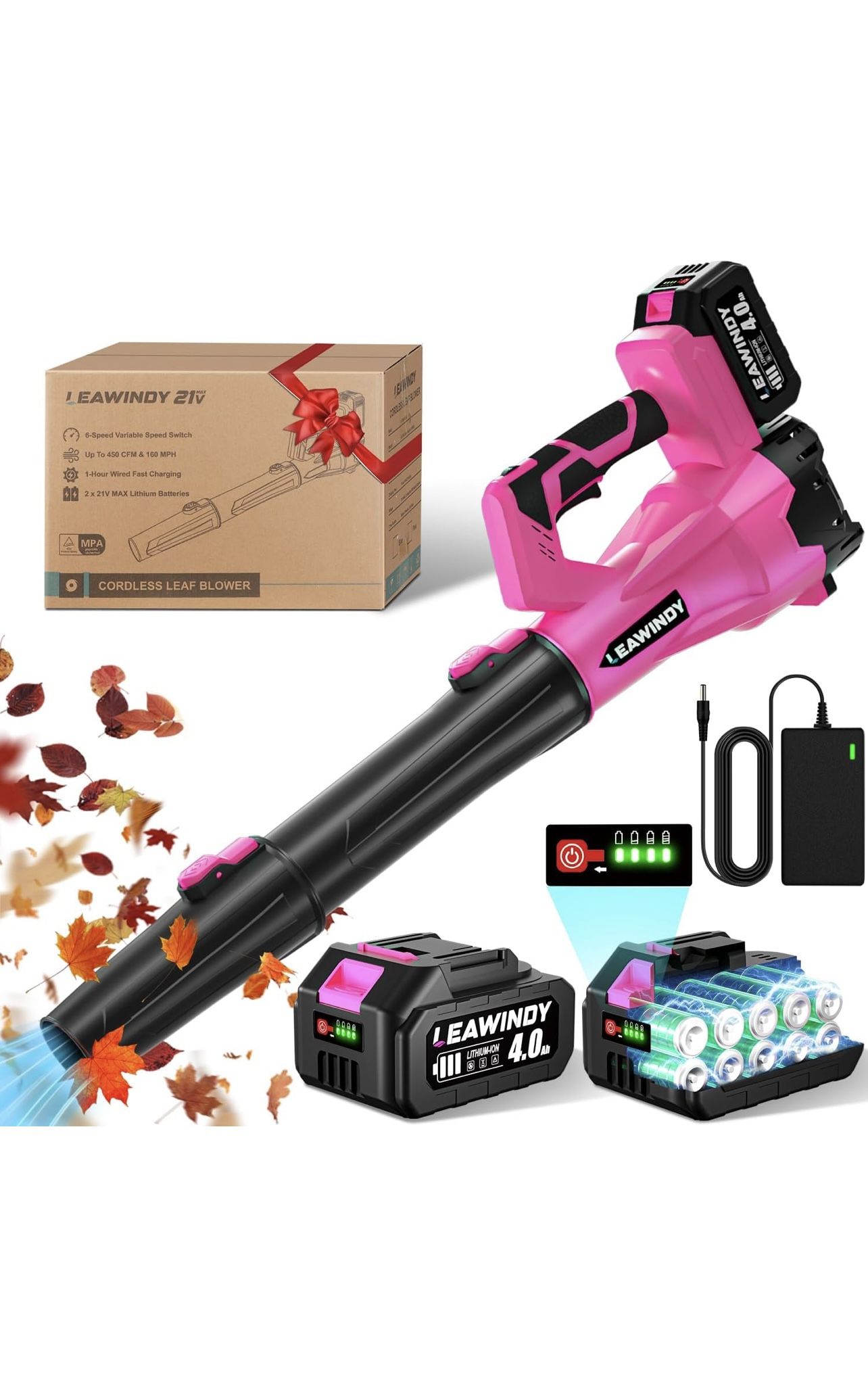 Leaf Blower Cordless 21V, Electric Leaf Blower with 8000mAh Batteries, 6 Speed Battery Powered Leaf Blowers, Lightweight Friendly to Women