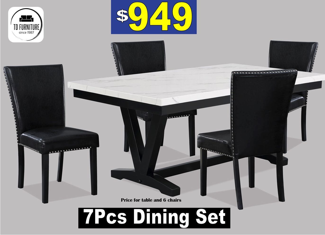 7 Pcs white Table + + Black Chairs 