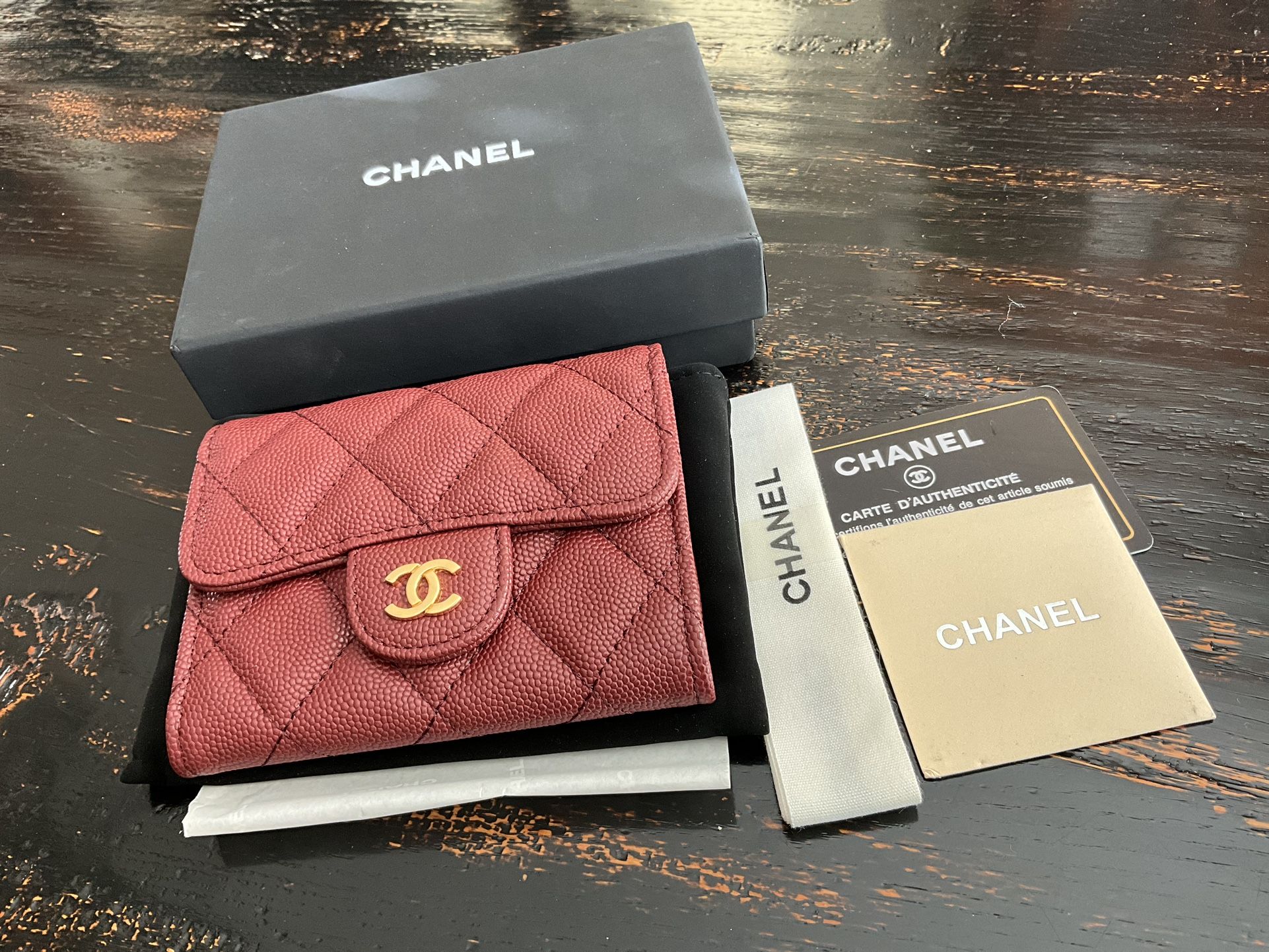 Chanel Caviar Compact Small Burgundy Wallet