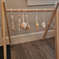 Wooden Gym Play With 6 Hanging Toys, Foldable 