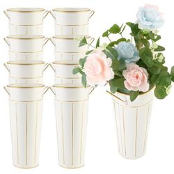 Entjor 8 Pcs 12 Inch Galvanized Metal Vase With Handles - Tin Bucket for Bar, Home Decor, Wedding Centerpiece, Table Decorations - Unbreakable Tall Va