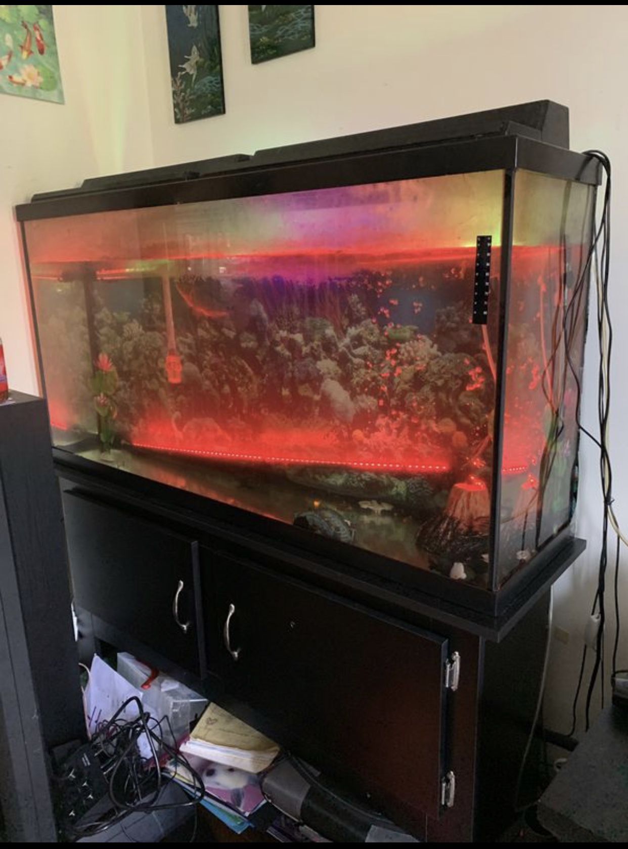 65 Gallons Fish Tank Aquarium with heater, air pump . Led lights bar and other accessories . Woods stand included