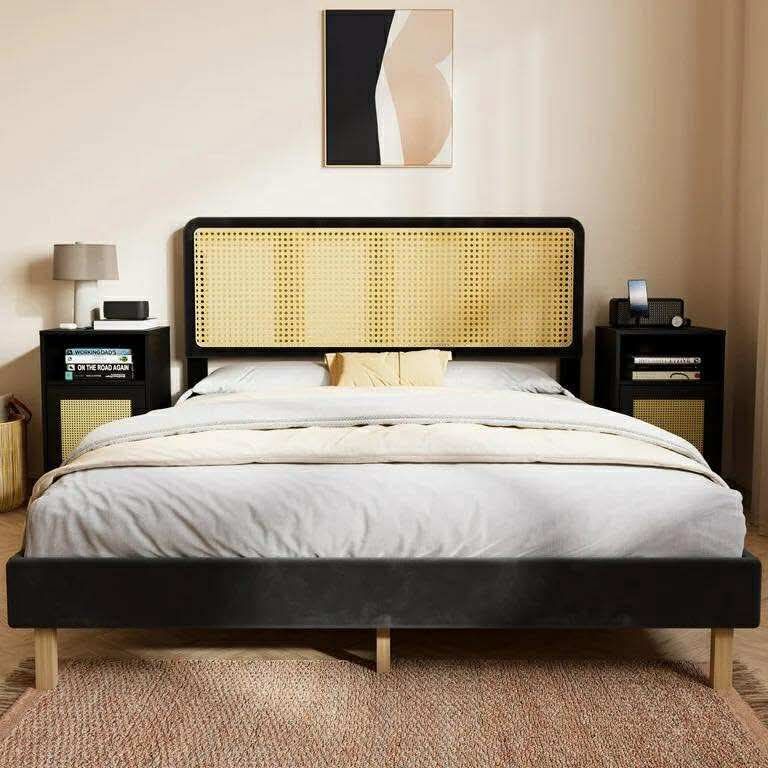 Queen Bed Frame with Adjustable Rattan Headboard, Boho Platform Bed Frame with Sturdy Slats Support, No Box Spring Needed, Black