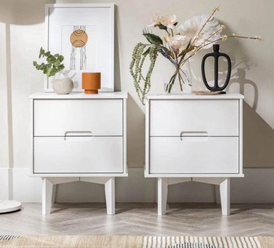 New Set of Solid Wood White Nightstands Mid Century Modern Style(New In A Box)