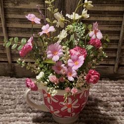 Ht-12in Width-10in HANDMADE  Artificial Spring Floral In A Coffee Cup
