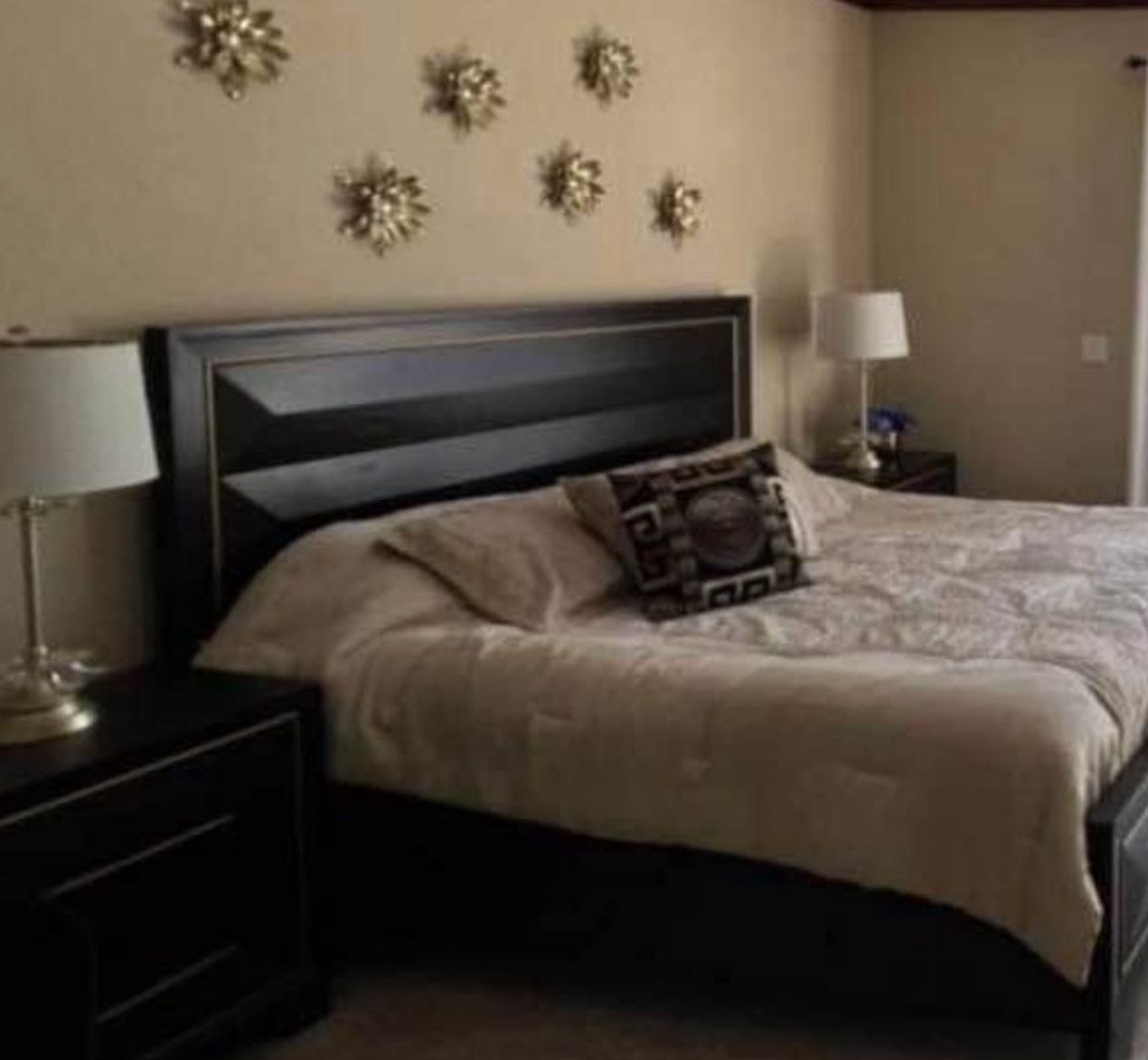 Black And Gold Bed Frame And 2 Nightstands