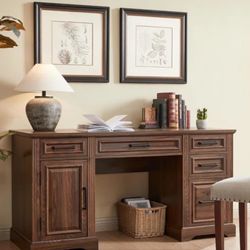 58in Wide x 22in Deep Dark Wood Desk With 5 Drawers & 1 Cabinet (unassembled)