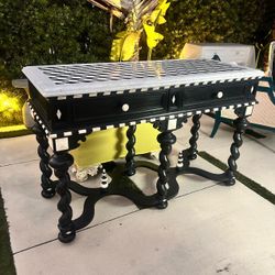 Vintage Luxury Marble Console Table with 3D Geometric Inlay Design –