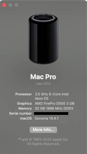 Mac Pro 2013 6-core 3.5Ghz 32GB Dual D500 512GB SSD