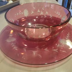 Antique Pink Glass Etched Bowl And Plate