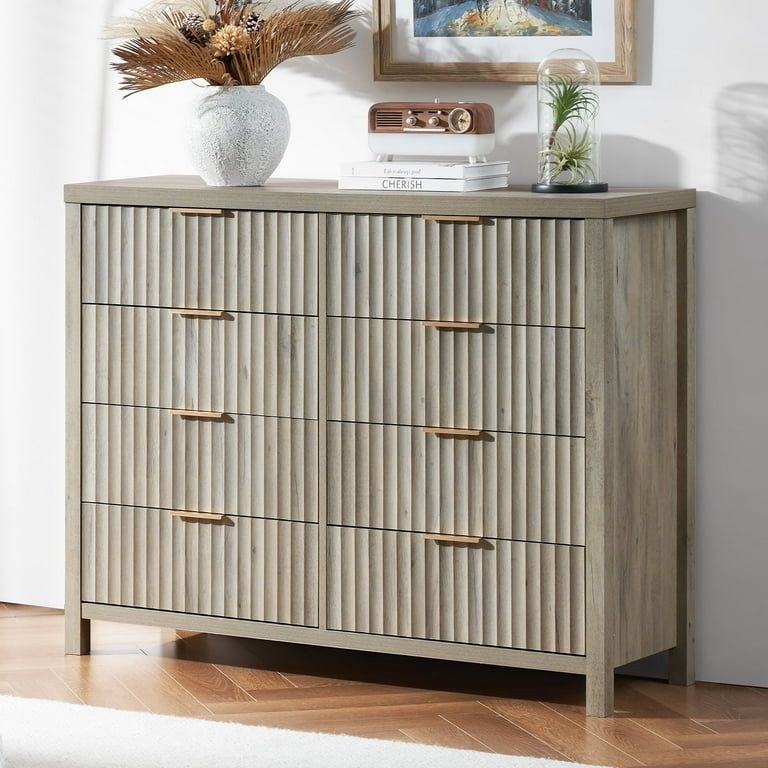OAKHAM Fluted 8 Drawer Dresser, Wide Dresser TV Stands for Bedroom, Living Room, Gray Oak