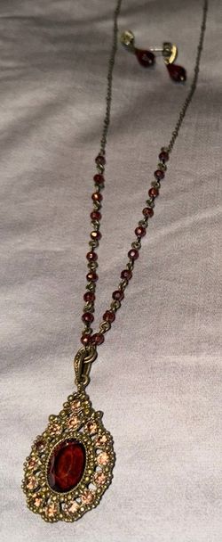 Vintage Avon Fancy Pendent Necklace and earrings Amber Brown Lucite Dark Brass Metal