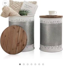 BRIAN & DANY 2 Pack Farmhouse Accent Side Table, Rustic Storage Ottoman Seat Stool with Round Wood Lid, Galvanized Metal Storage Bin for Living Room F