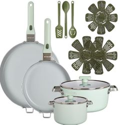 NEW GoodCook Ceramic Cookware Set 14-Piece with Removable Handles, Nonstick Pots & Pans, Induction & Oven Safe, Sage Green