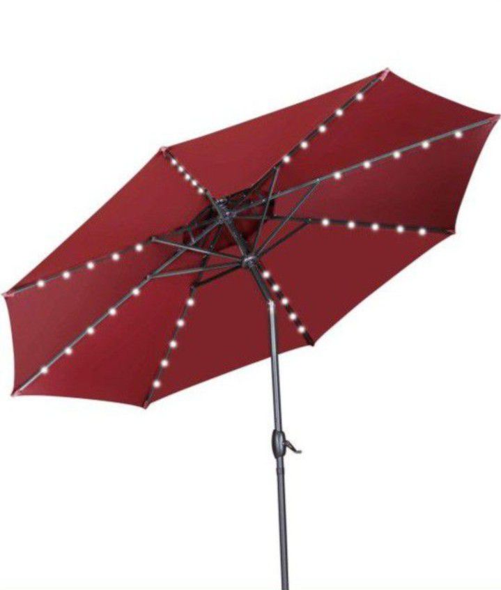 10ft Solar 40 LED Light 2 Tiers Vented Patio Umbrella Outdoor Umbrella with Crank and Push Button Tilt (Wine red)