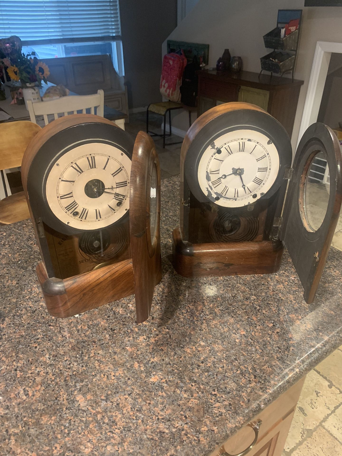 Beautiful 1897 Seth Thomas Spring Wind Eight Day Clocks One Works The Other Only Needs The Weight Pendulum Swat Bar Put On Missing One Wind Key 