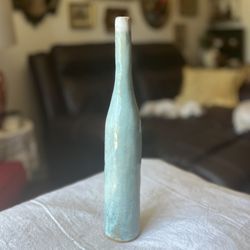 Glazed Ceramic Stretched Neck Handmade Pottery Vase Sea Glass Blue