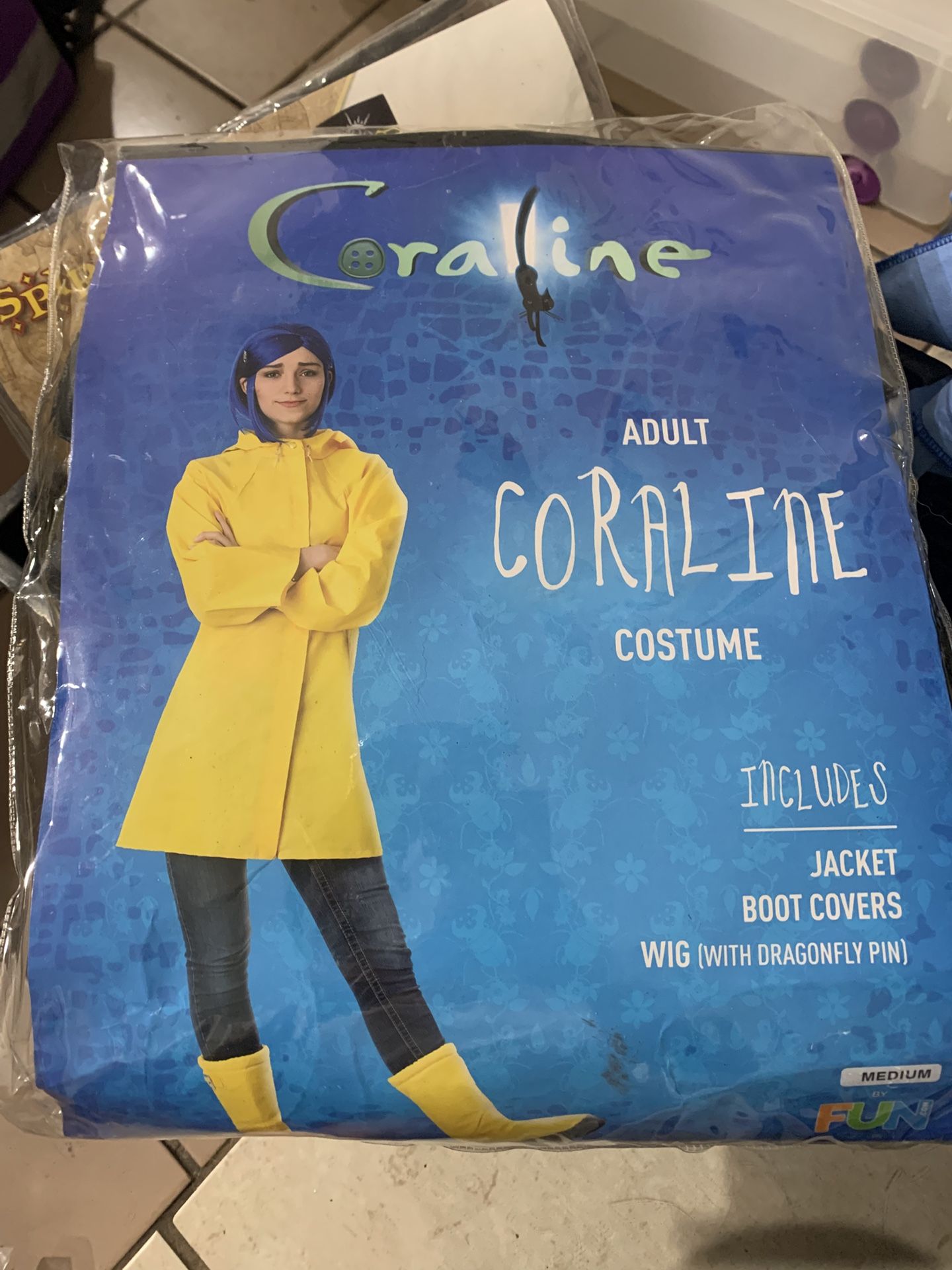 Adult Coraline Costume | Women's Yellow Hooded Rain Jacket Outfit with Boot Covers, Blue Wig $40