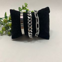 Punk Style 3pcs/Set Curb Cuban Multilayer Link chain bracelet, Silver Color