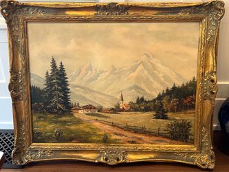 Vintage Alpine Landscape Oil Painting In Ornate Gilt Frame