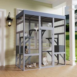 62.6" Wooden Outdoor Catio for Cats, Large Cat Enclosure with Waterproof Roof, 2 Napping House, Platforms & Galvanized Wire – Pet Cage for Backyard or
