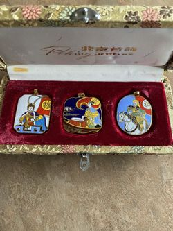 3 Vintage Cloisonné Chinese Pendants in Gold Brocade Box