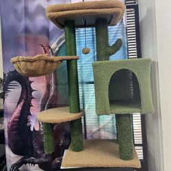 34" Cactus Cat Tree Tower with Cat Scratching Posts Cozy Condo Perch for Indoor Cats,Green